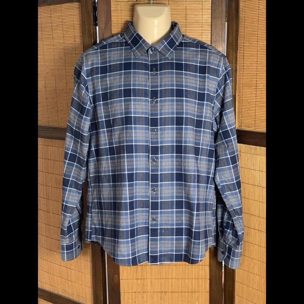 Untuckit Men Plaid Gray Blue Long Sleeve Button Front Flannel Shirt Size Large